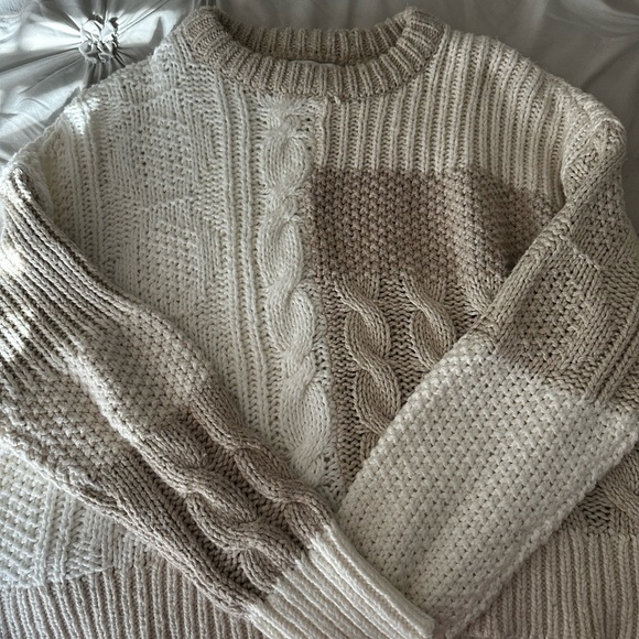 aerie Sweaters - Aerie Patchwork Cable Knit Sweater - Cream and Tan